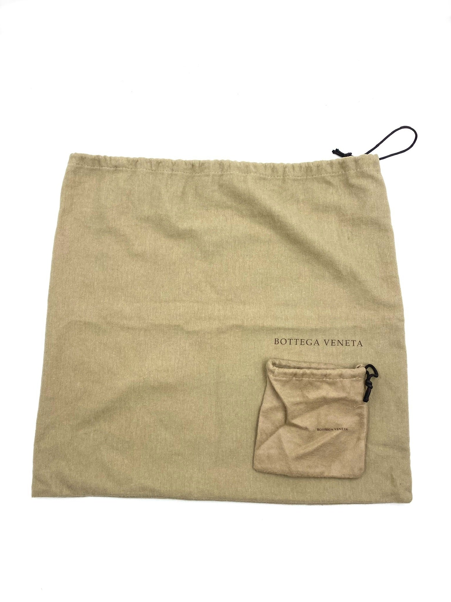 Bottega Veneta beige dust bag with logo and small matching key clochette pouch.