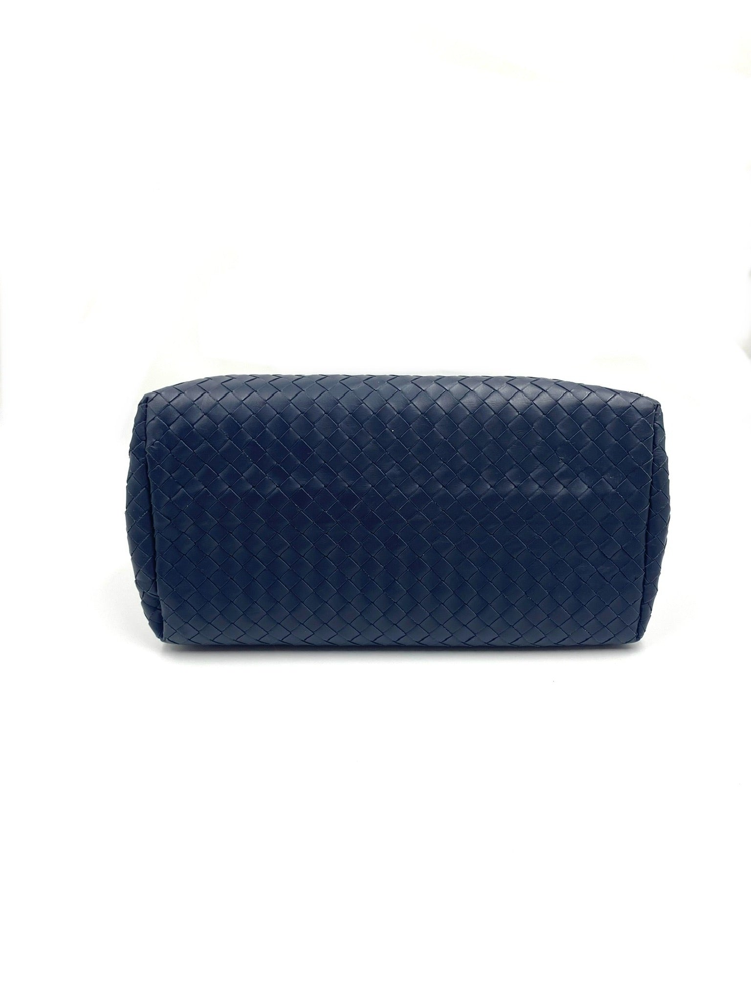 Bottega Veneta blue Intrecciato leather small Roma bag, bottom view.
