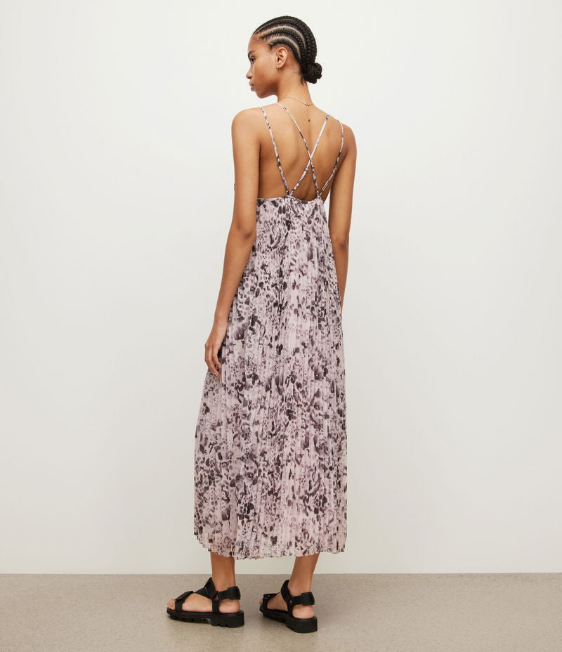 All Saints Nouval Waktu pleated maxi dress, animal print, cupped bust, criss-cross back straps.