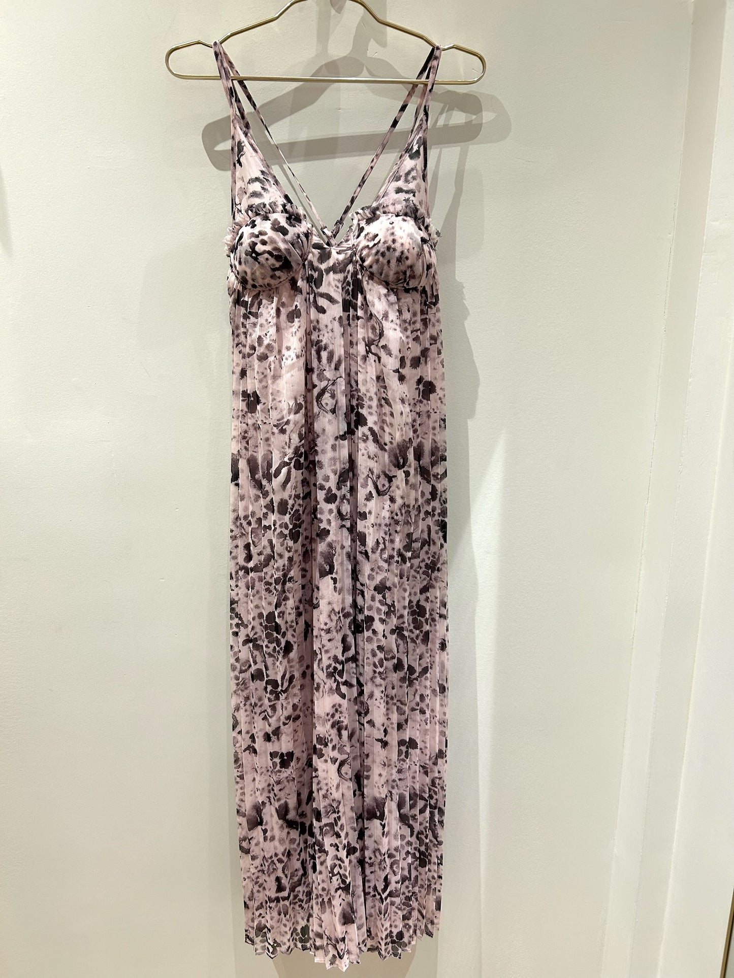 All Saints Nouval Waktu animal print pleated maxi dress, size 4, with cupped bust and adjustable straps.