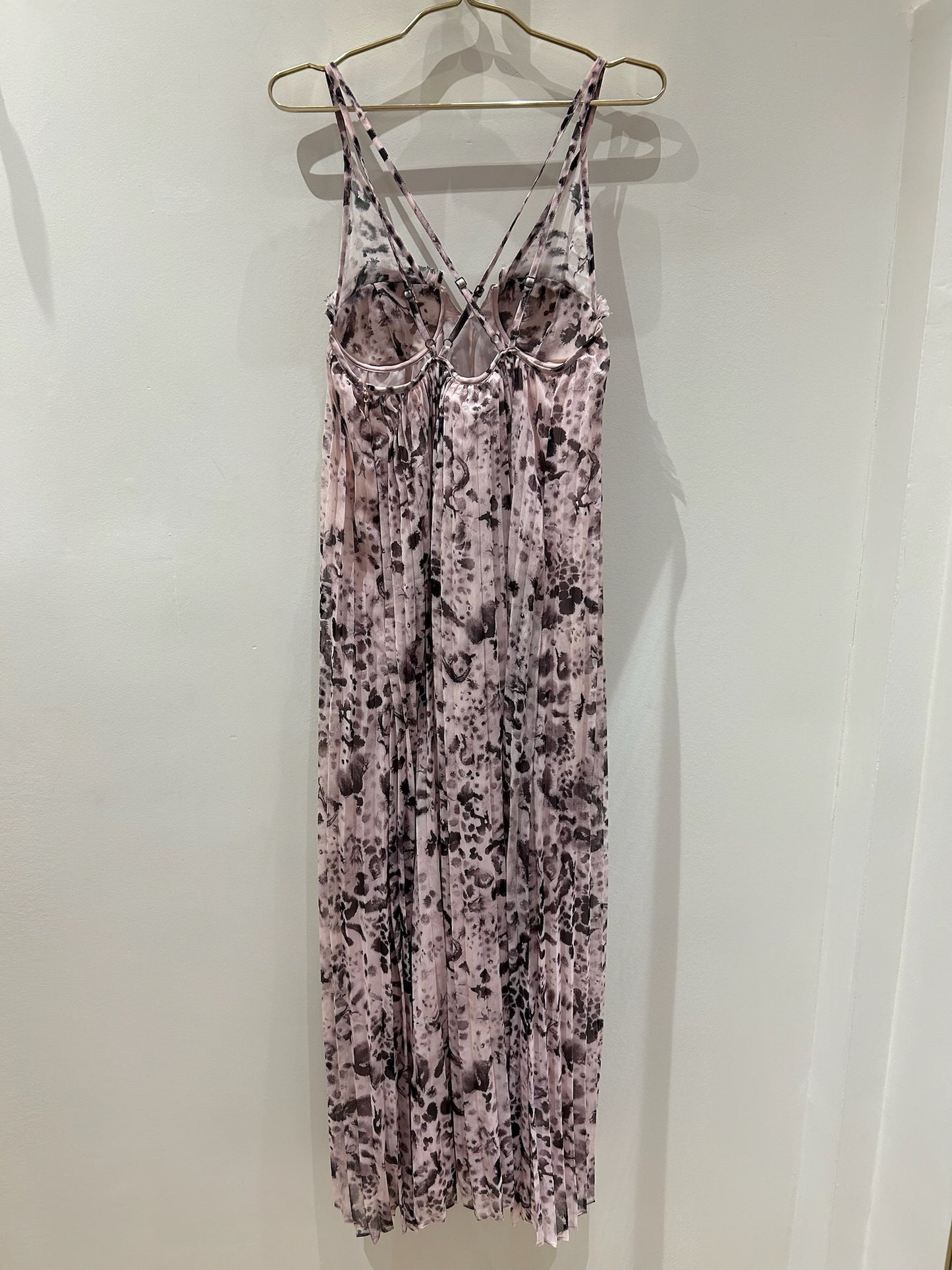 All Saints Nouval Waktu animal print pleated maxi dress, size 4, with cupped bust and cross-back straps.