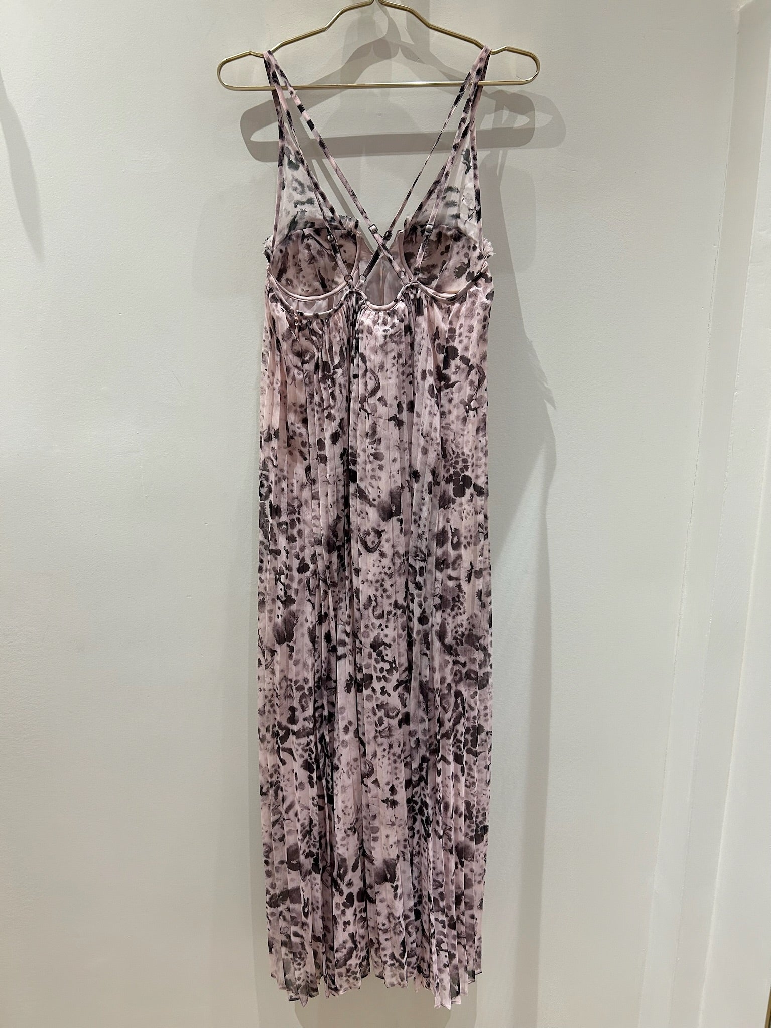 All Saints Nouval Waktu animal print pleated maxi dress, size 4, with cupped bust and cross-back straps.