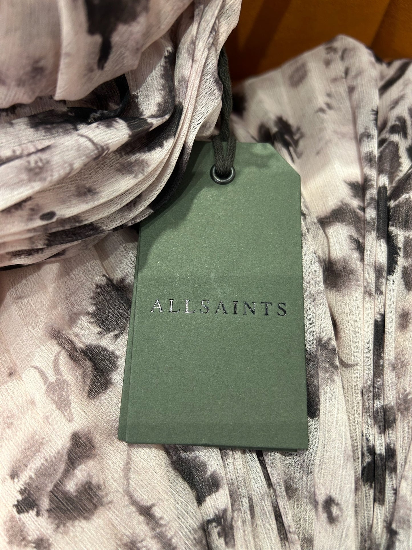 All Saints Nouval Waktu animal print pleated maxi dress, size 4, with green tag.