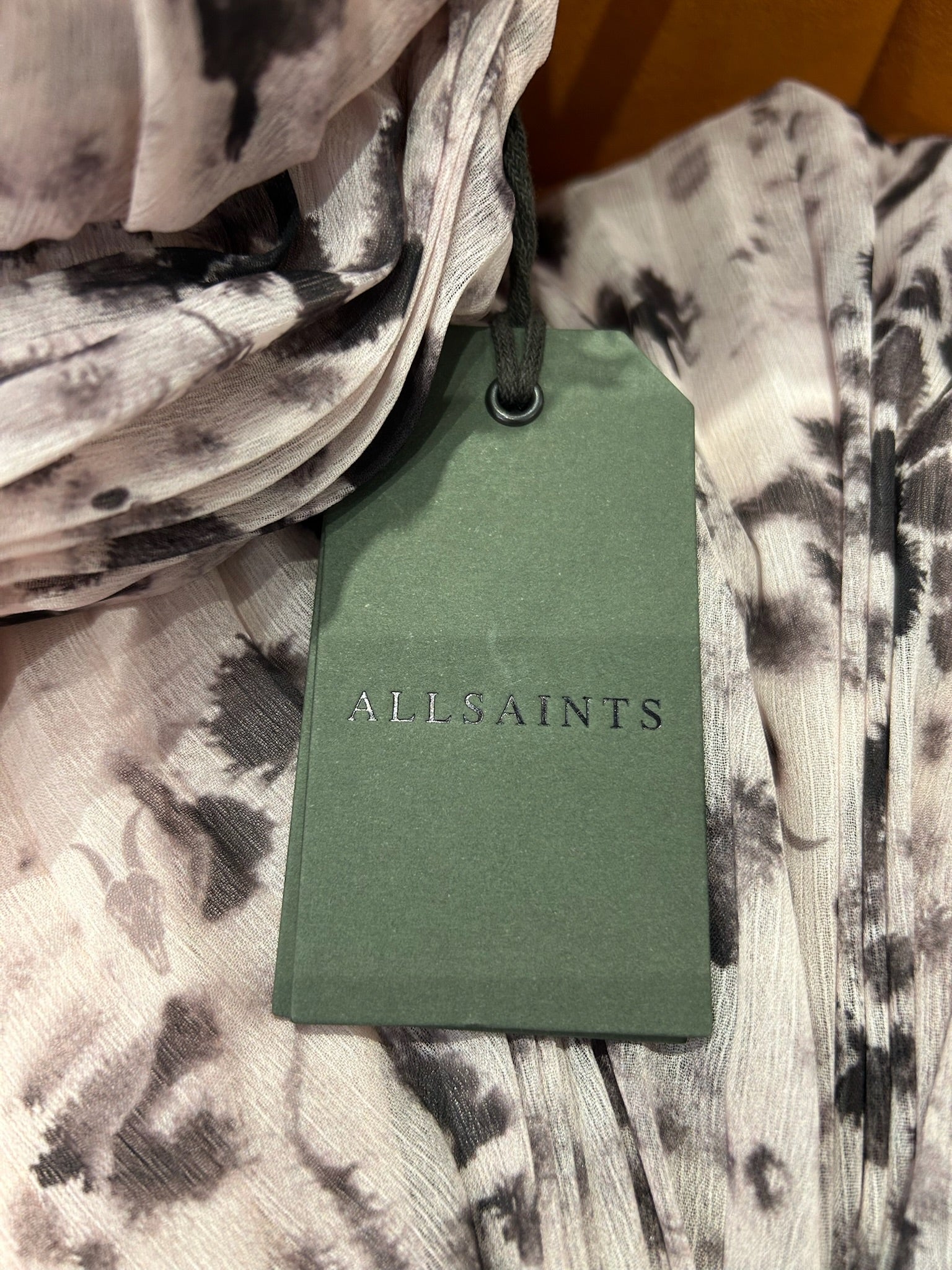 All Saints Nouval Waktu animal print pleated maxi dress, size 4, with green tag.
