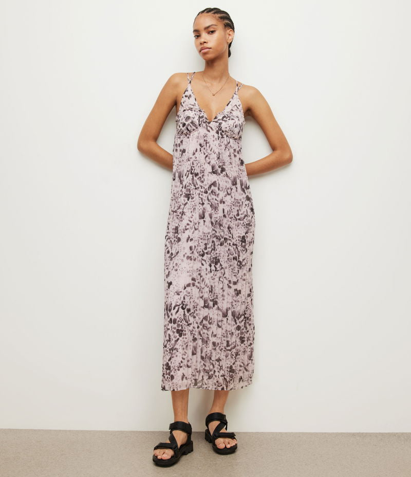 All Saints Nouval Waktu animal print pleated maxi dress, light pink with dark gray pattern, size 4.
