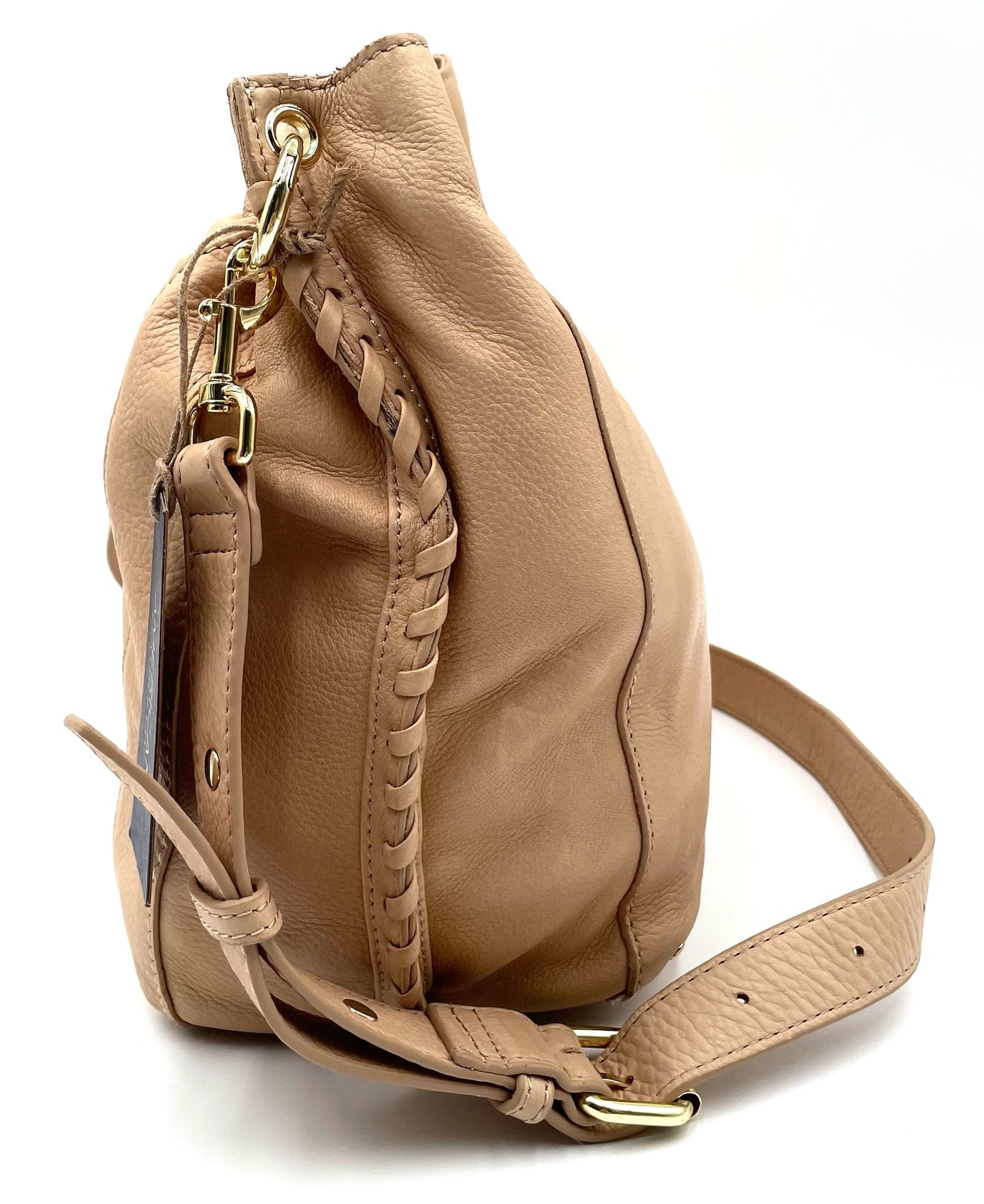 Beige leather shoulder bag with braided side detailing, gold-tone hardware, and adjustable crossbody strap.