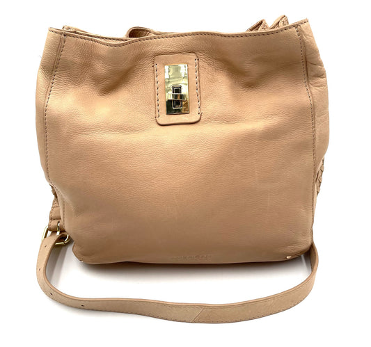 Beige leather shoulder bag with gold-tone hardware, braided sides, and an adjustable strap.