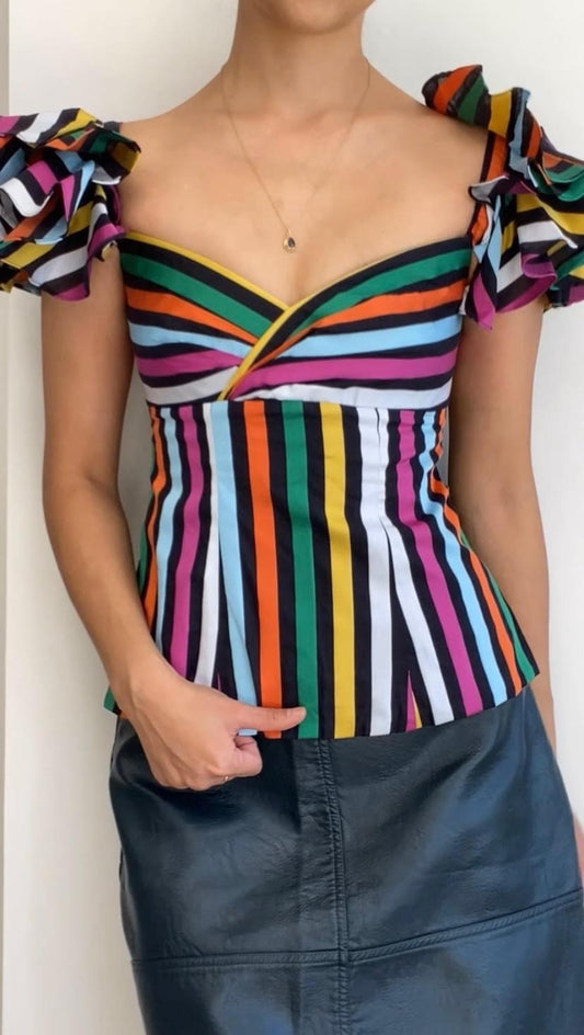 Brand New Caroline Constas Multi Color Ruffle Blouse Size XS