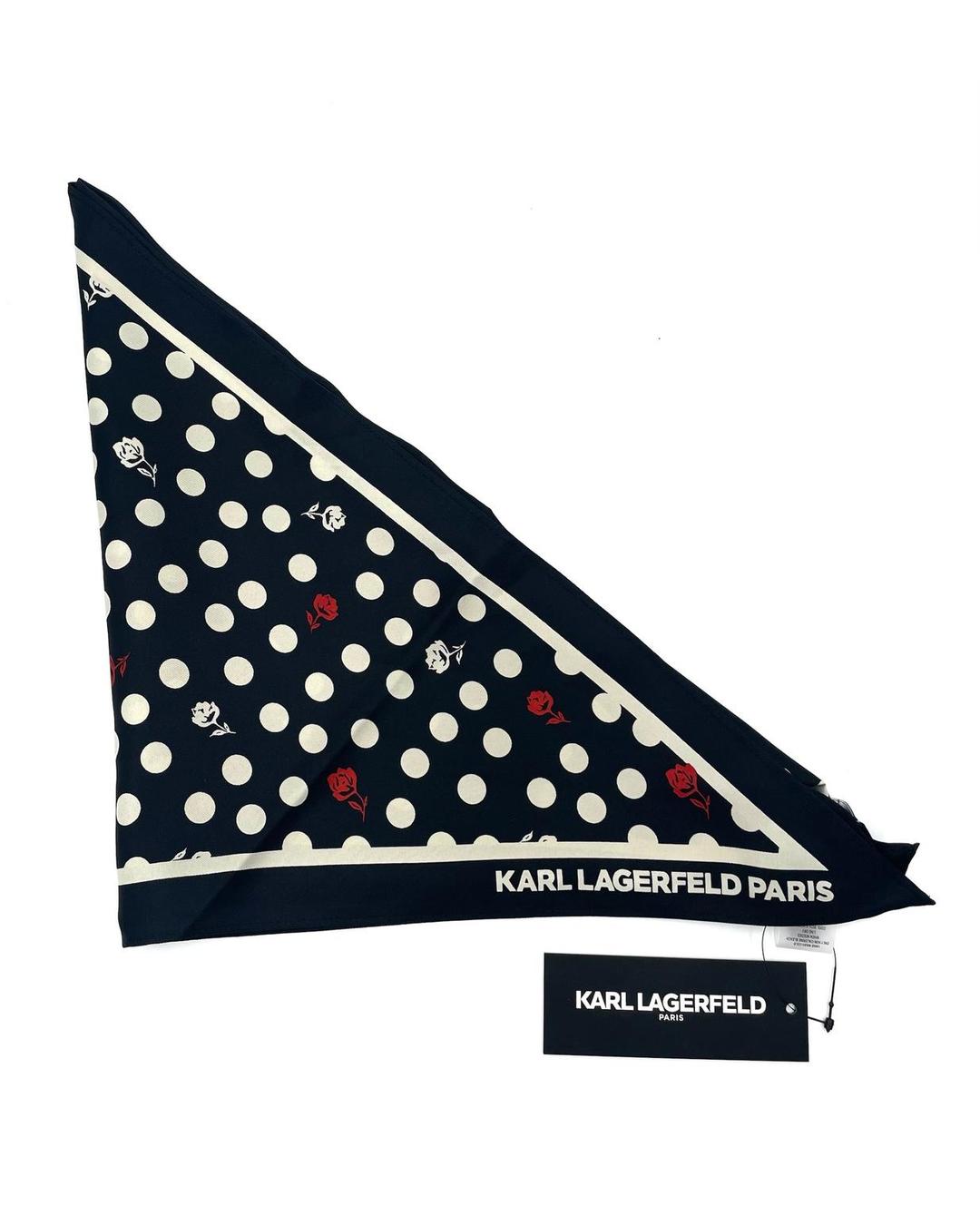 Karl Lagerfeld black and white polka dot modal-silk square scarf with red rose accents and logo text, new with tags.