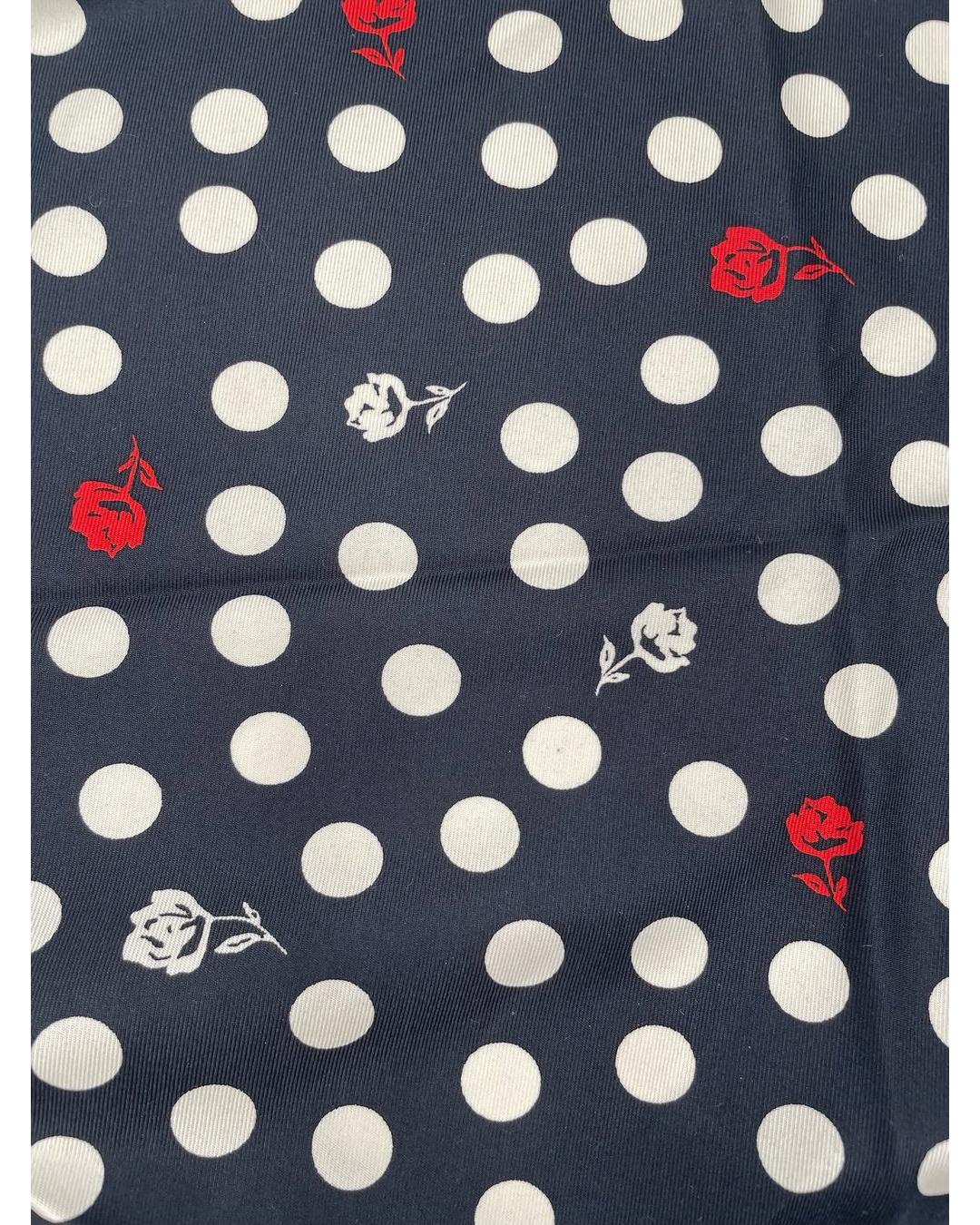 Karl Lagerfeld black modal-silk scarf featuring white polka dots and small red and white rose accents.