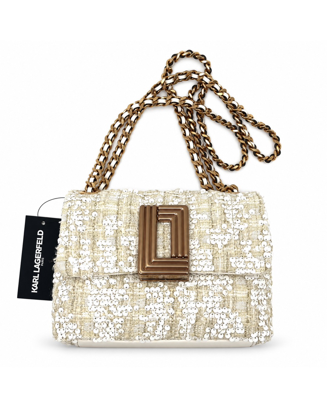 Karl Lagerfeld cream sequin Lafayette crossbody bag with gold chain strap and rectangular magnetic clasp.