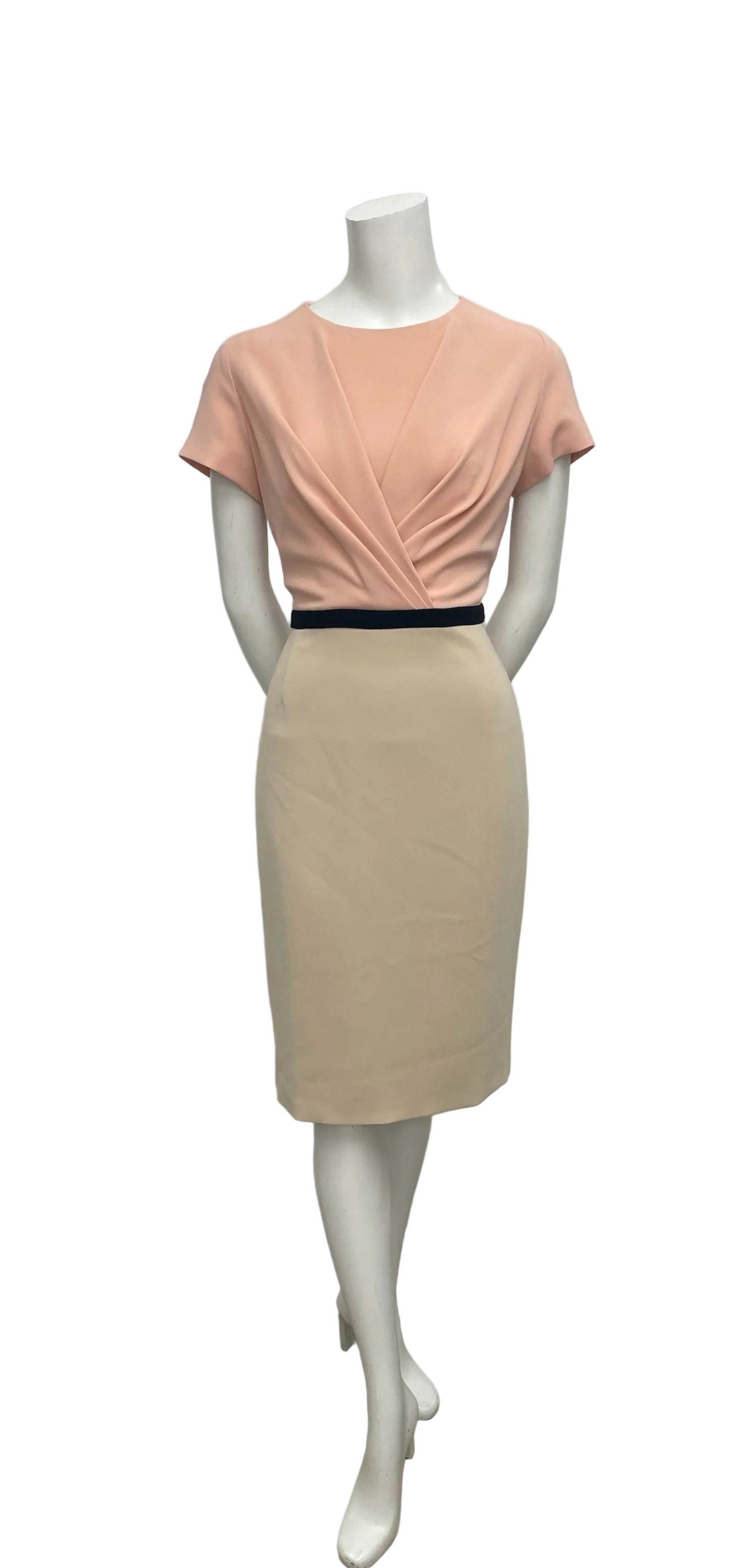 Max Mara pink & beige sheath dress, size 38, with draped bodice and contrasting waist.