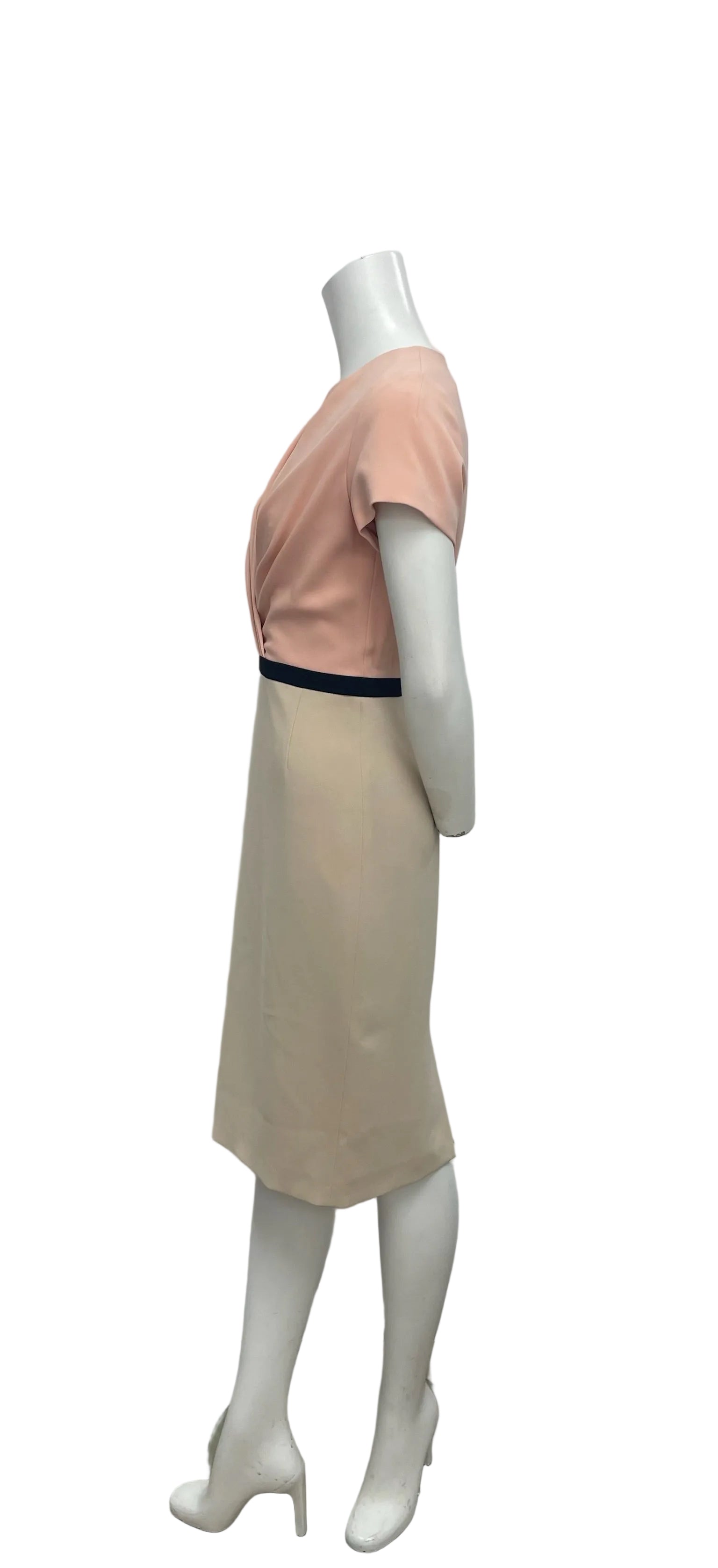 Max Mara pink draped bodice and beige pencil skirt sheath dress with black waist detail.