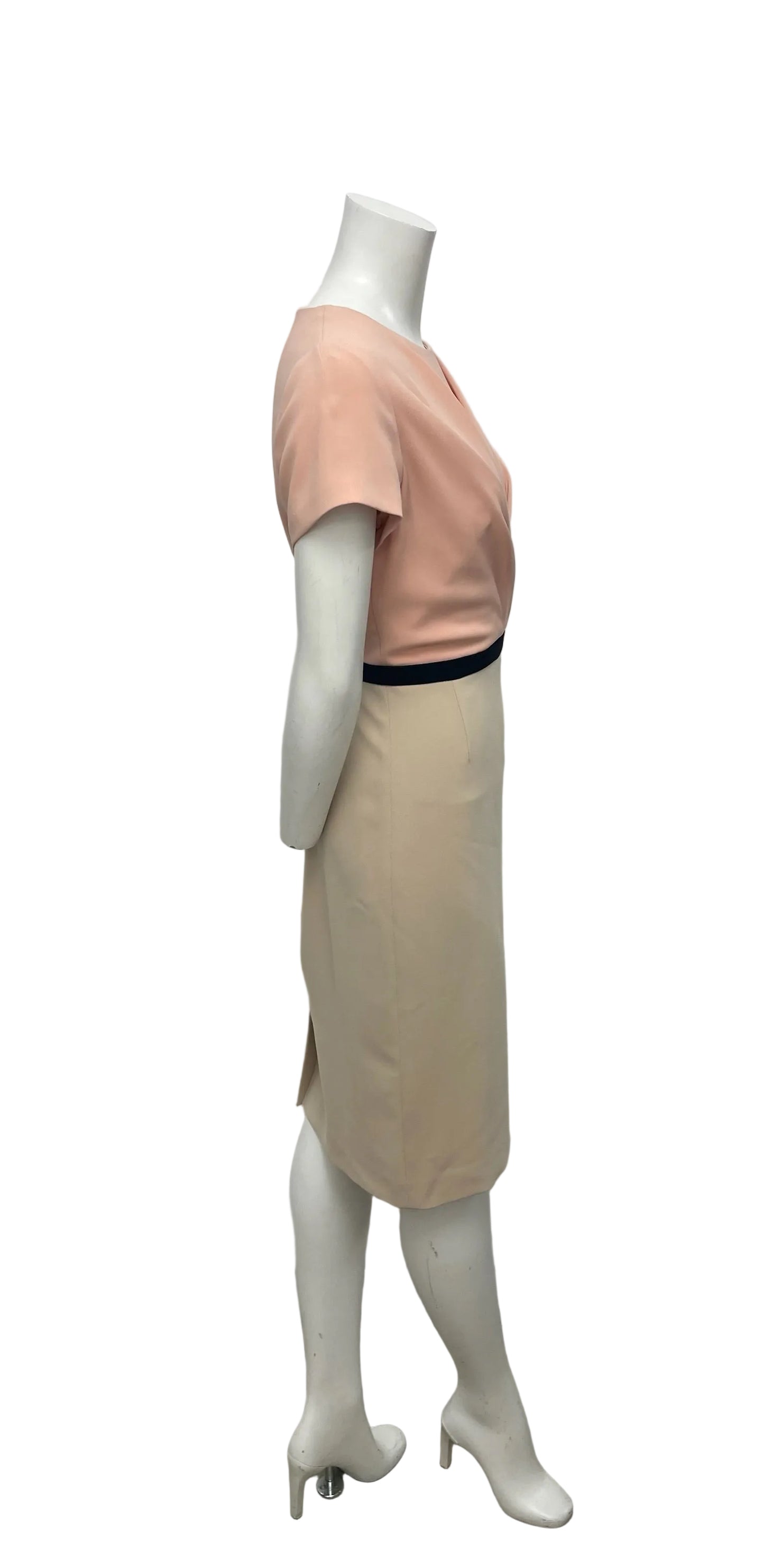 Max Mara pink and beige sheath dress with draped bodice and contrasting waist.