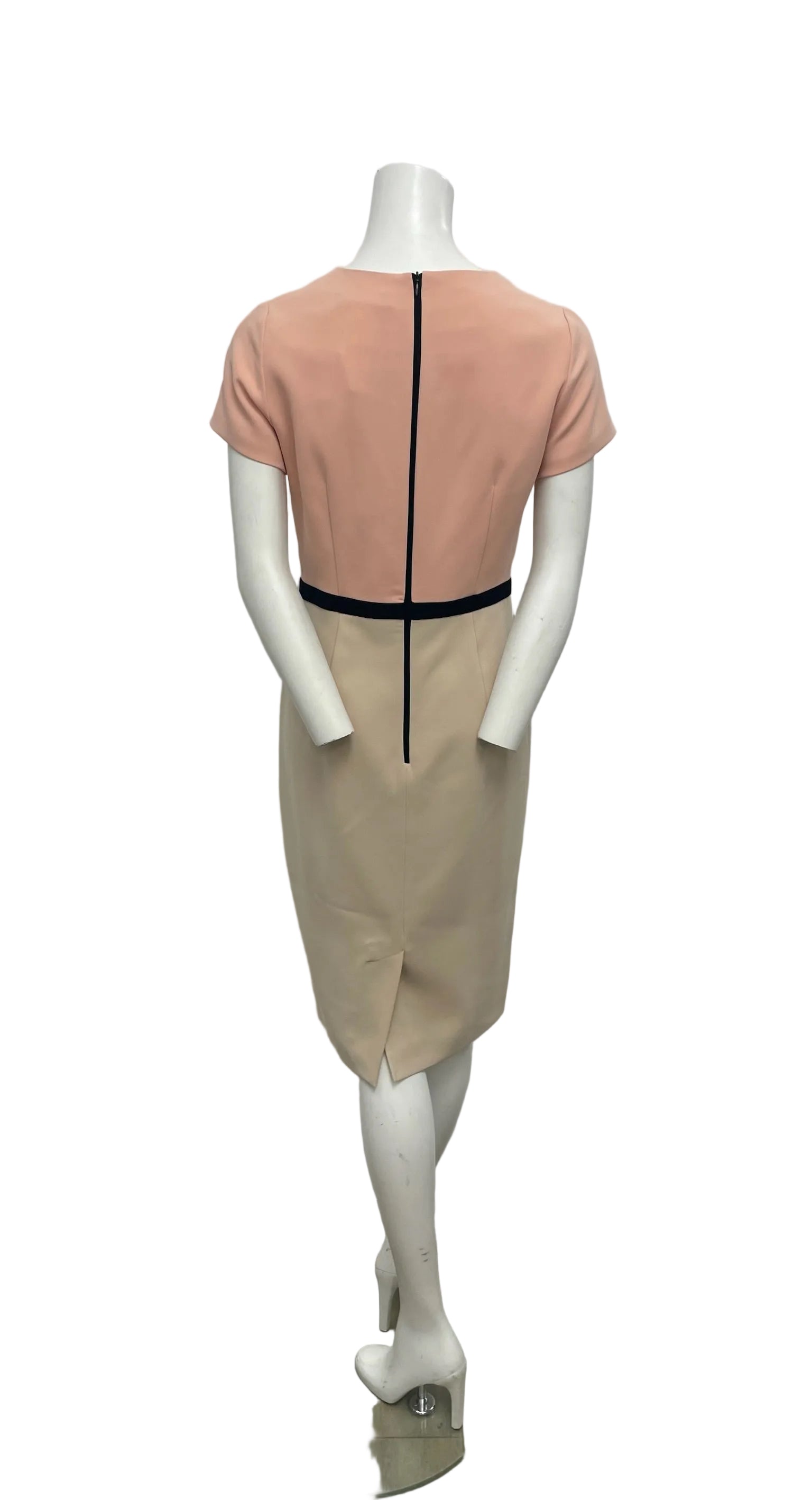 Max Mara pink and beige sheath dress with short sleeves and black back zipper.