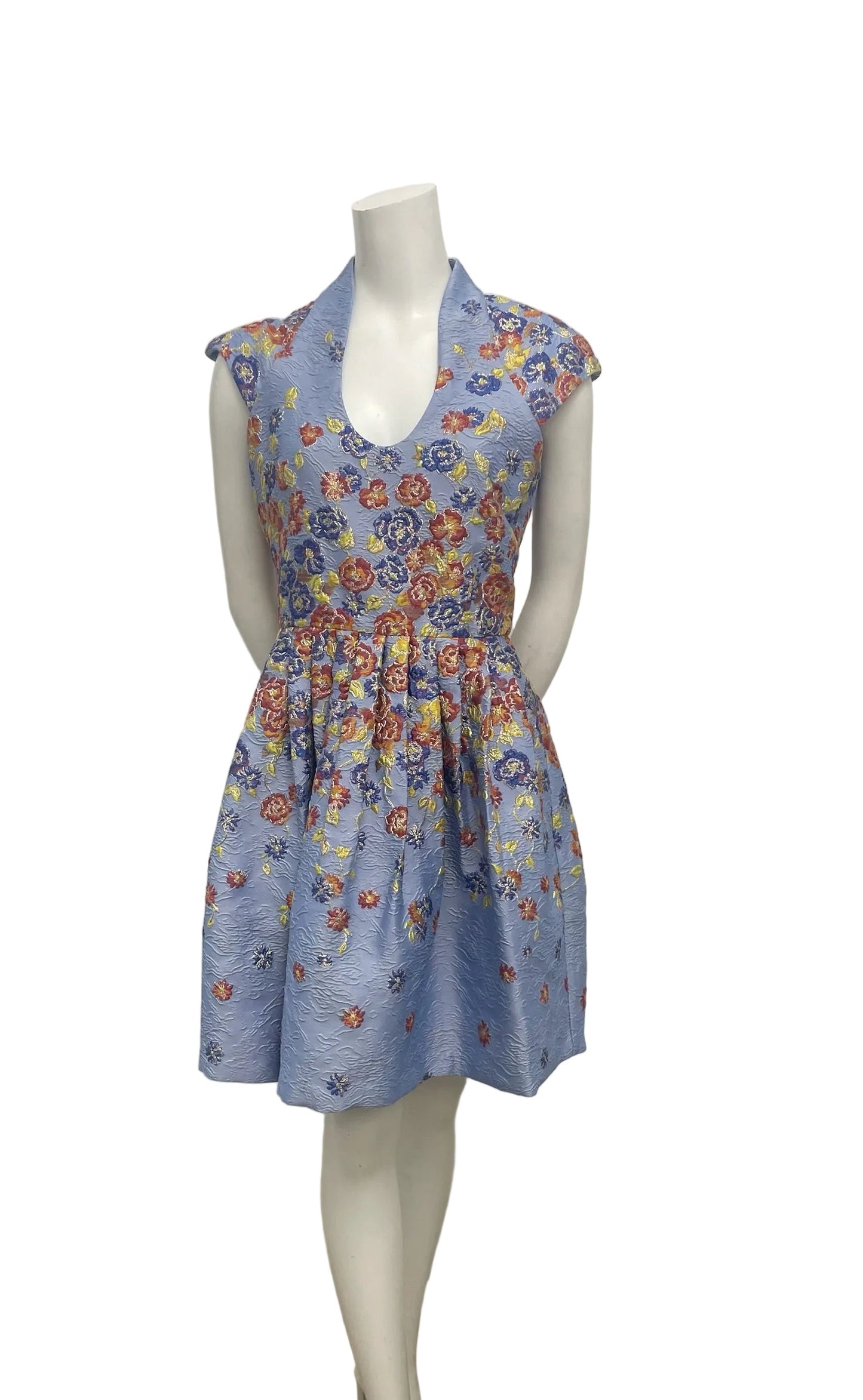 Brand New Mischka Blue Floral Brocade Dress Size 6