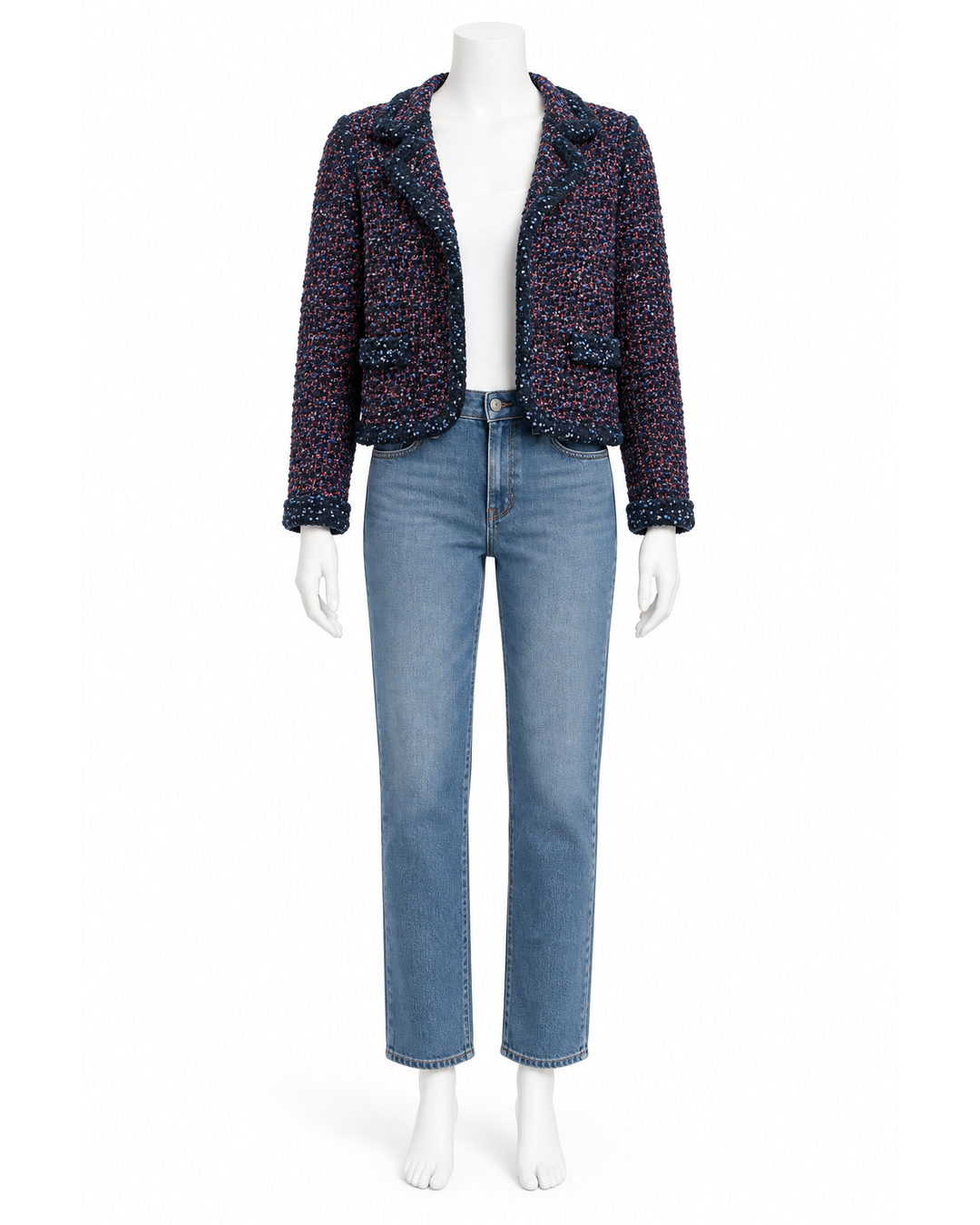 Missoni cropped navy tweed blazer with pink and blue accents, notched lapels, and patch pockets on a mannequin.