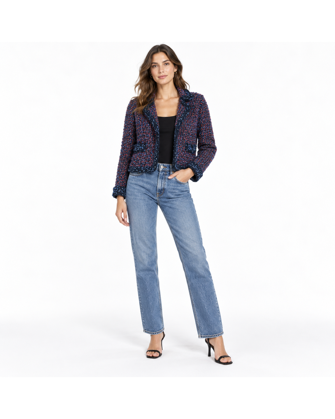 Missoni cropped navy tweed blazer with blue, pink, and red accents, featuring notched lapels and bouclé trim, size US 8.