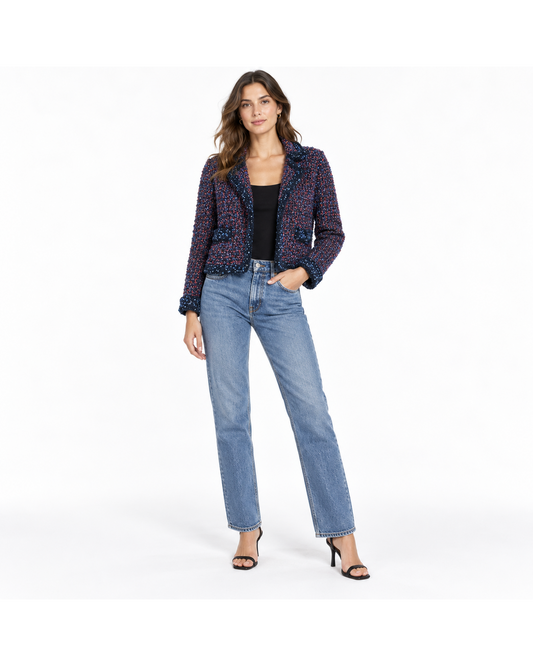Missoni cropped navy tweed blazer with blue, pink, and red accents, featuring notched lapels and bouclé trim, size US 8.