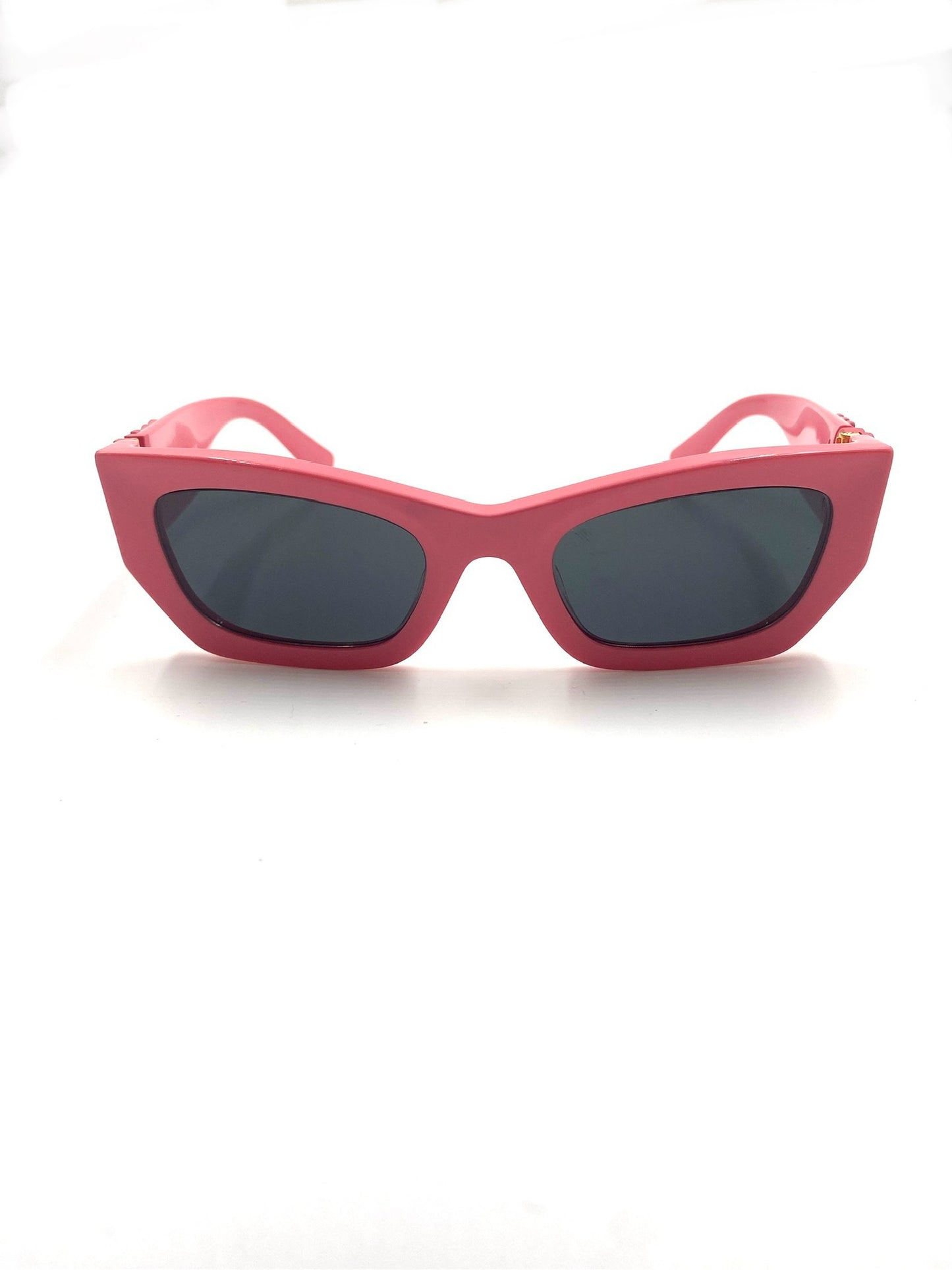 Miu Miu pink rectangular acetate sunglasses with grey tinted lenses and side logo lettering.