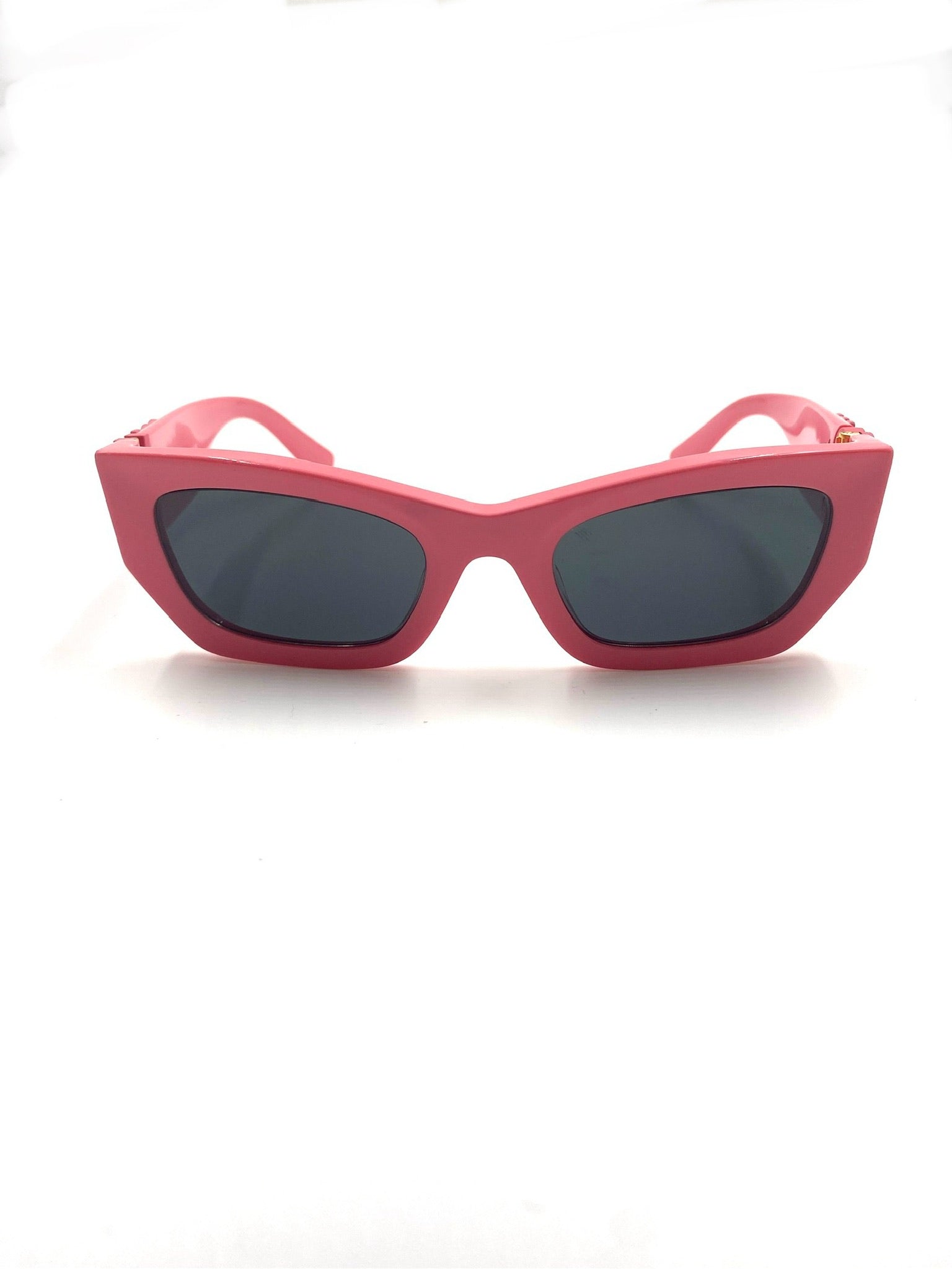 Miu Miu pink rectangular acetate sunglasses with grey tinted lenses and side logo lettering.