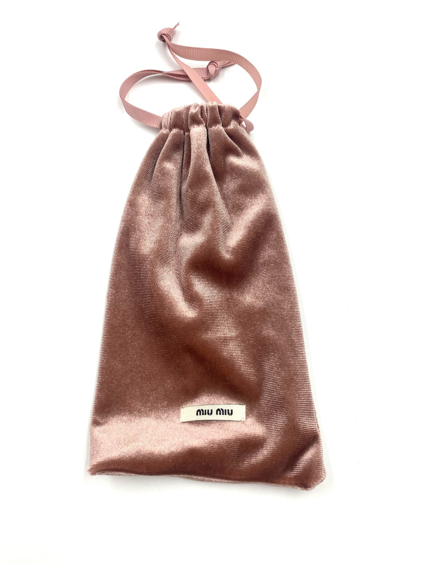 Miu Miu pink velvet drawstring pouch with logo tag, for sunglasses.
