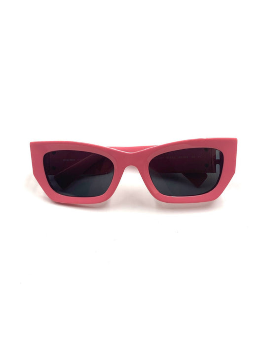 Miu Miu pink rectangular acetate sunglasses with grey tinted lenses and side logo lettering.