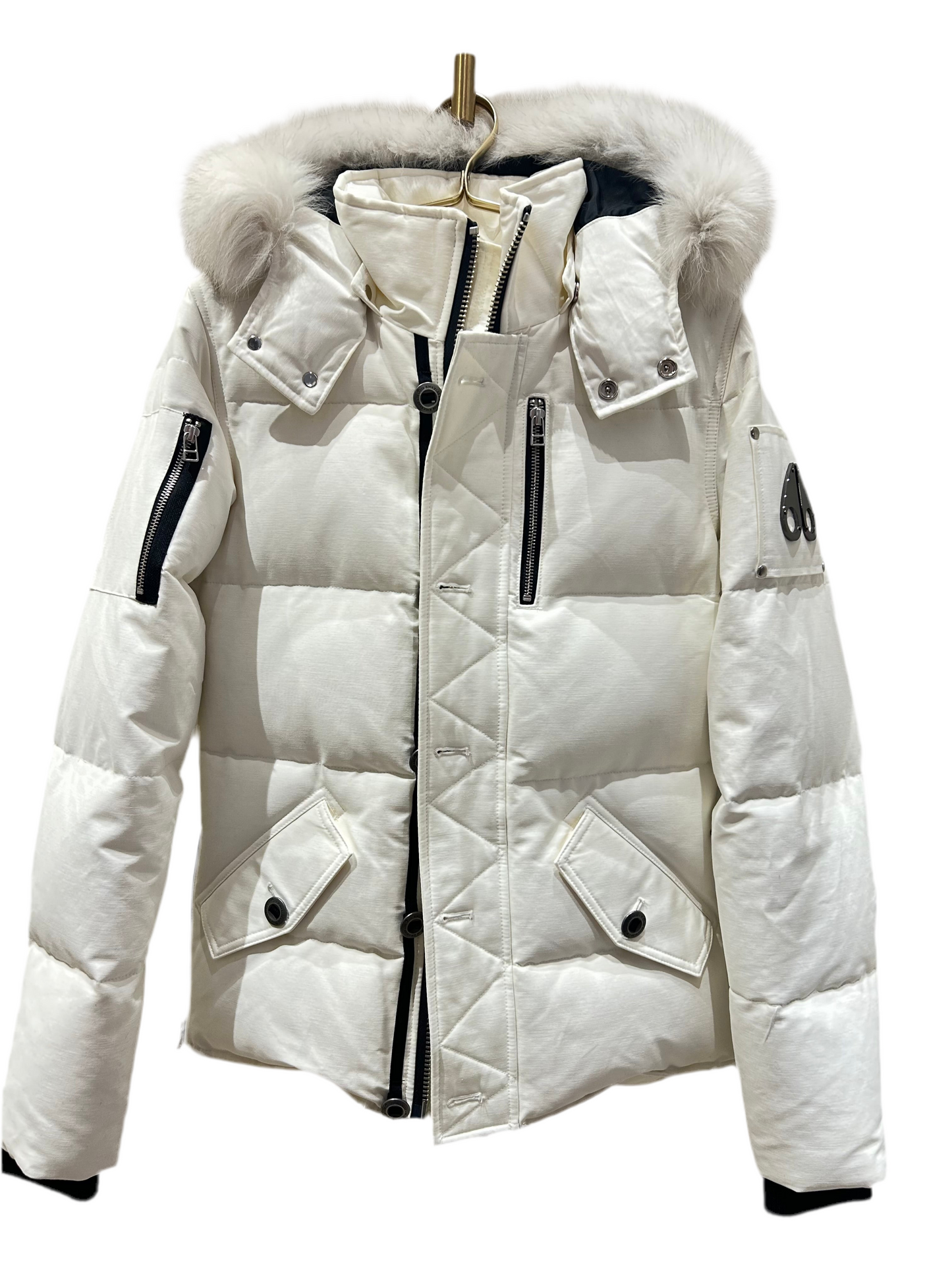 Moose Knuckle Women's White Down Puffer Jacket, Size XS, with fur-trimmed hood and black zippers.