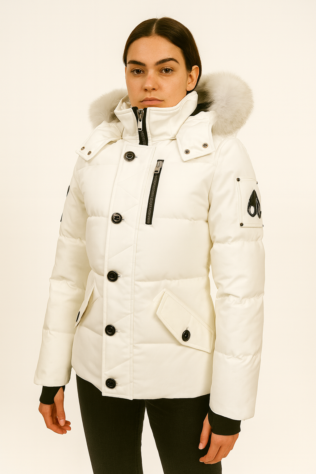 Moose Knuckle Women's White Down Puffer Jacket, size XS, with a fur-trimmed hood and black hardware.