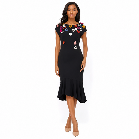 Brand New Theia Black Floral Multicolor 3D Embellished Dress Size 6
