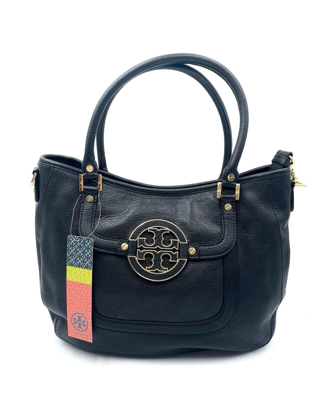 New Tory Burch Amanda hobo bag in black pebbled leather with gold-tone Double T logo and attached brand tags.