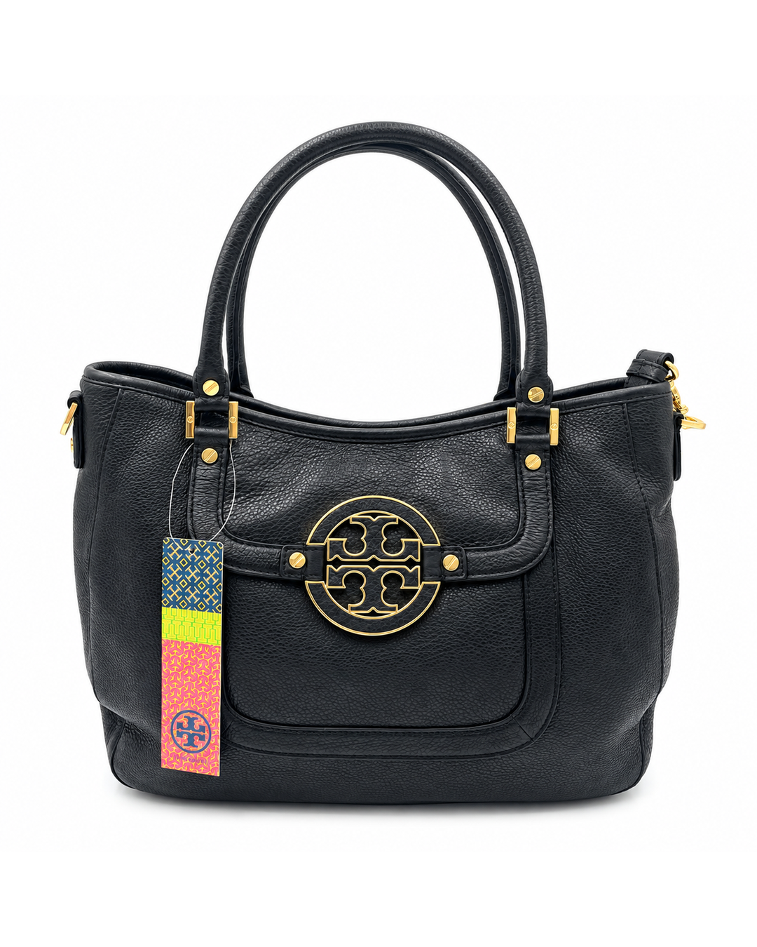 New Tory Burch Amanda hobo bag in black pebbled leather with gold-tone Double T logo and attached brand tag.