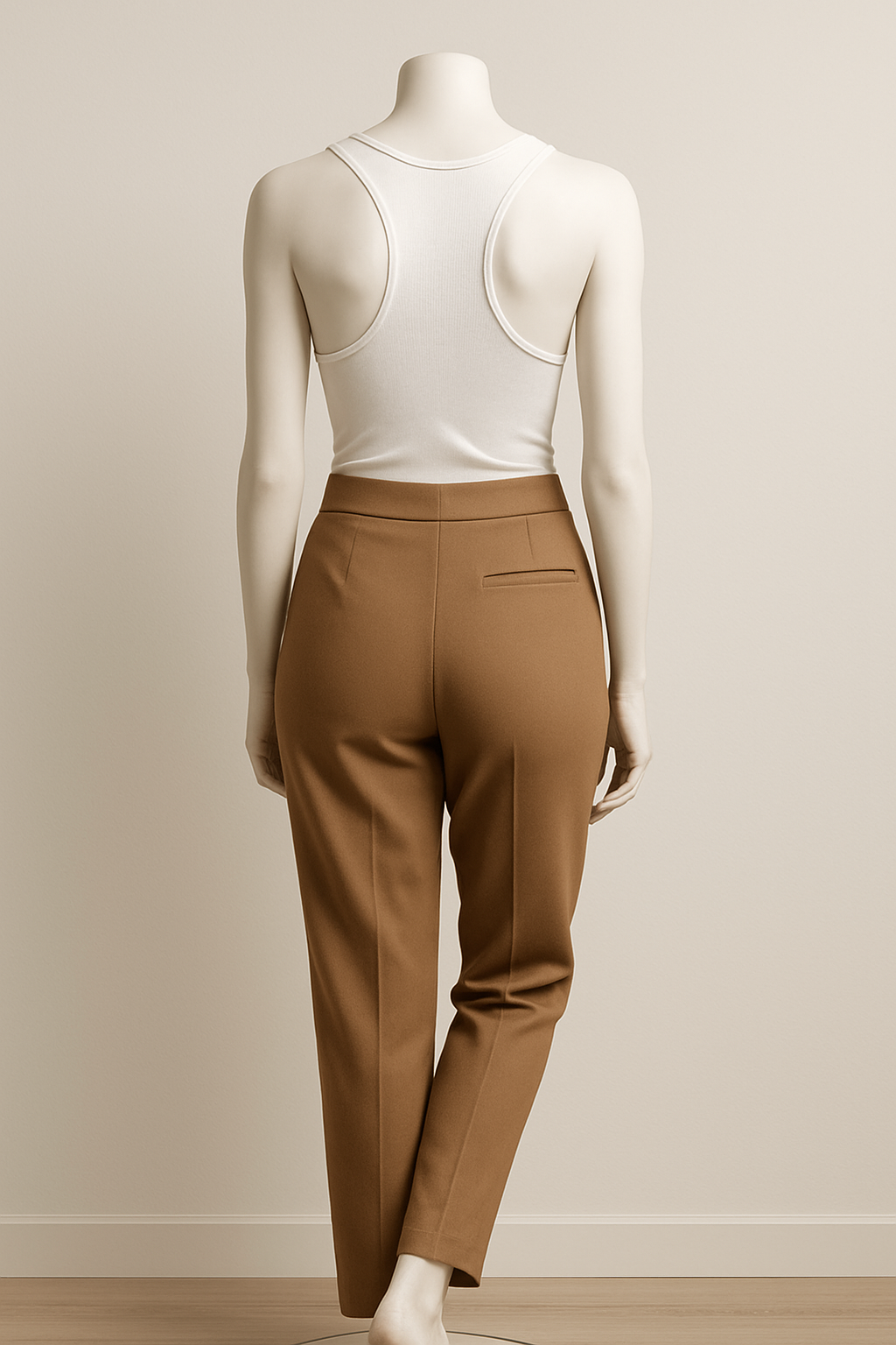 Brunello Cucinelli brown cotton blend trousers, size 10, shown on a mannequin from behind.