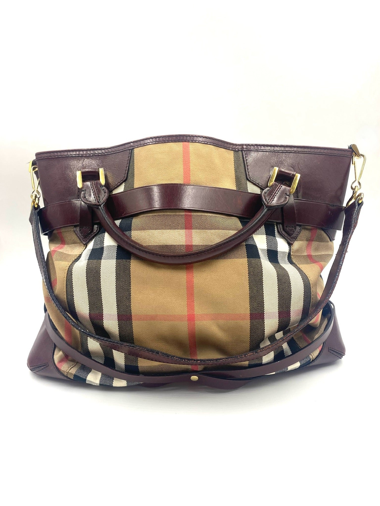 Burberry Burgundy Leather Bridle House Check Tote with rolled handles and brass links.