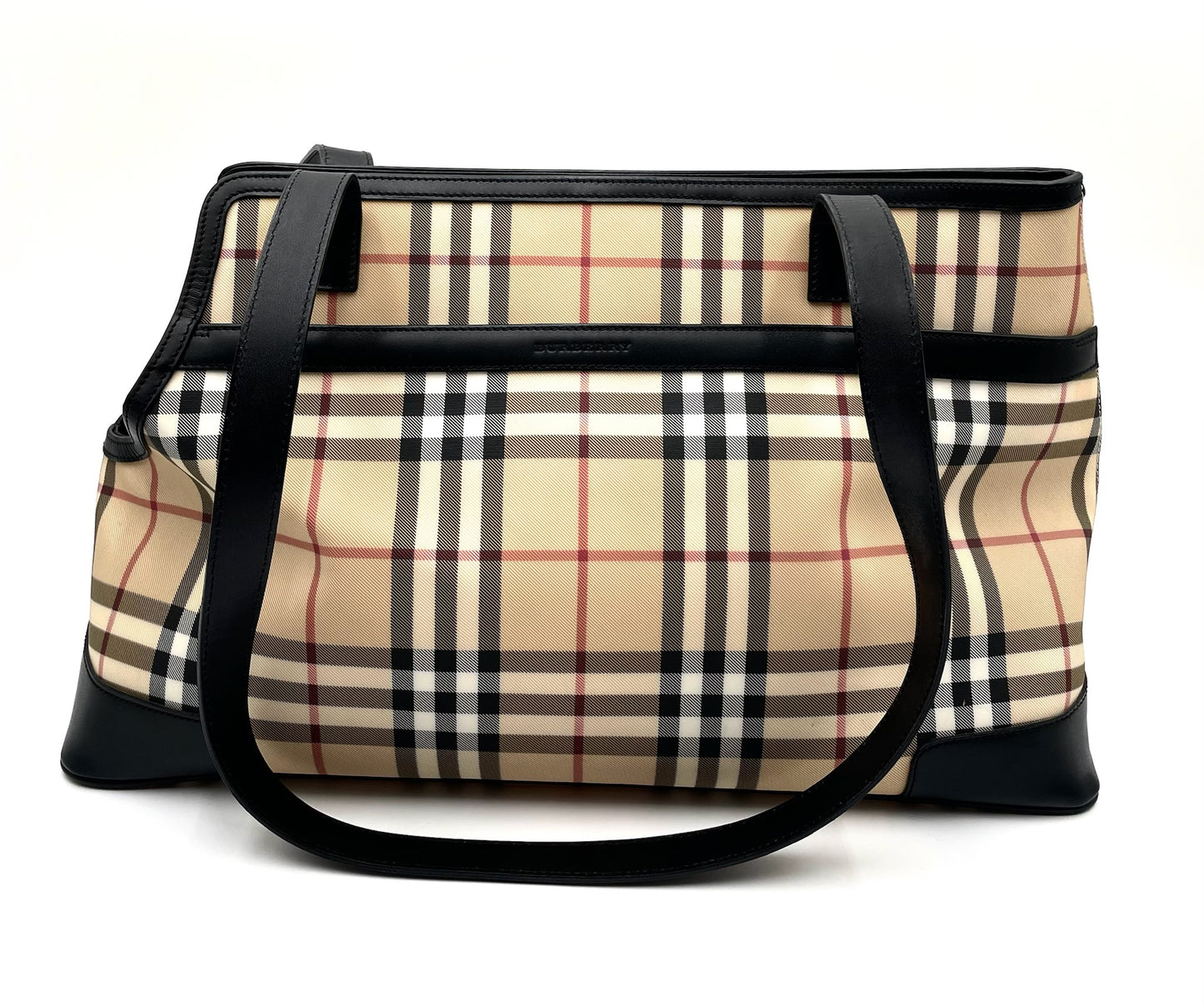 Burberry Nova Check Canvas Tote Bag with Black Leather Trim