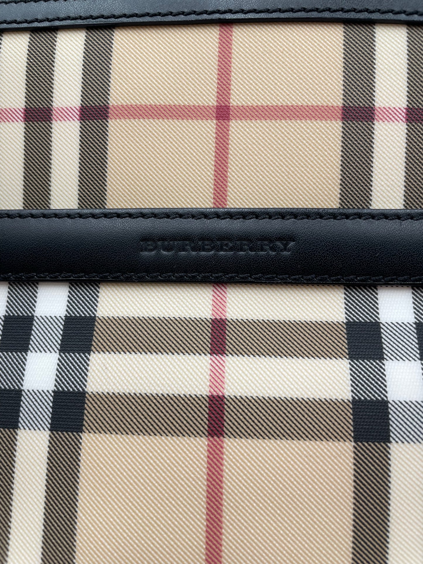 Burberry Nova Check Canvas Tote Bag with Black Leather Trim