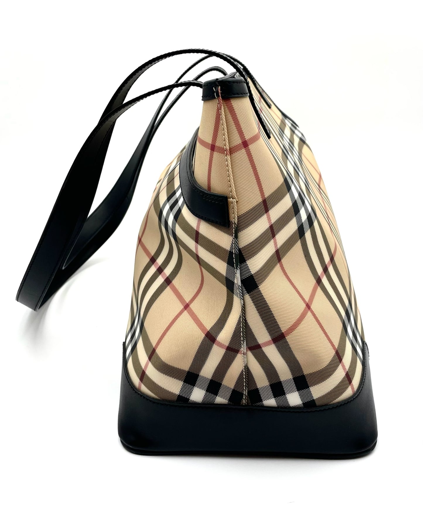 Burberry Nova Check Canvas Tote Bag with Black Leather Trim