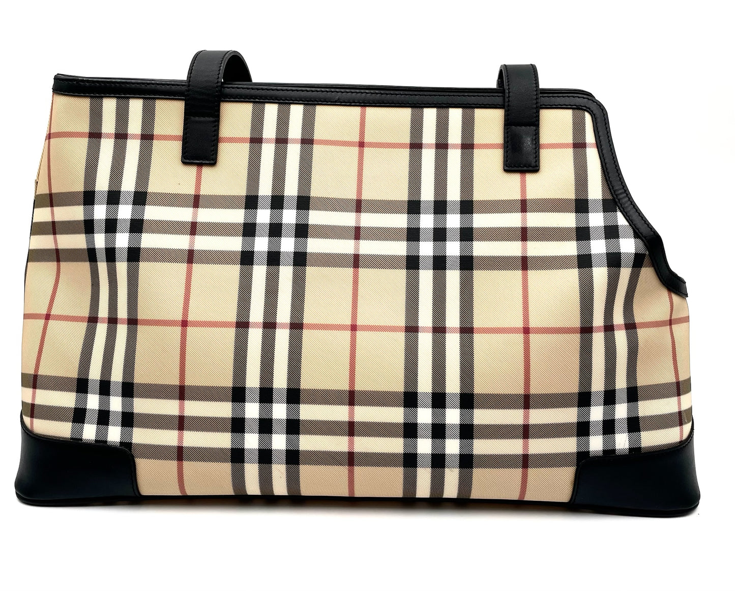 Burberry Nova Check Canvas Tote Bag with Black Leather Trim