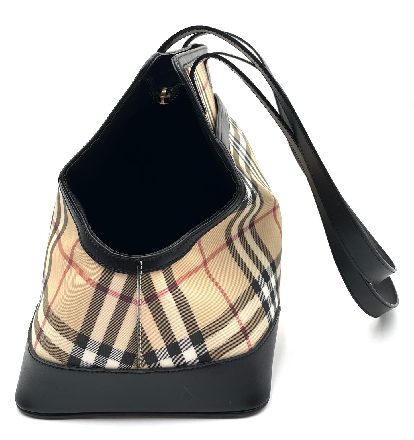 Burberry Nova Check Canvas Tote Bag with Black Leather Trim