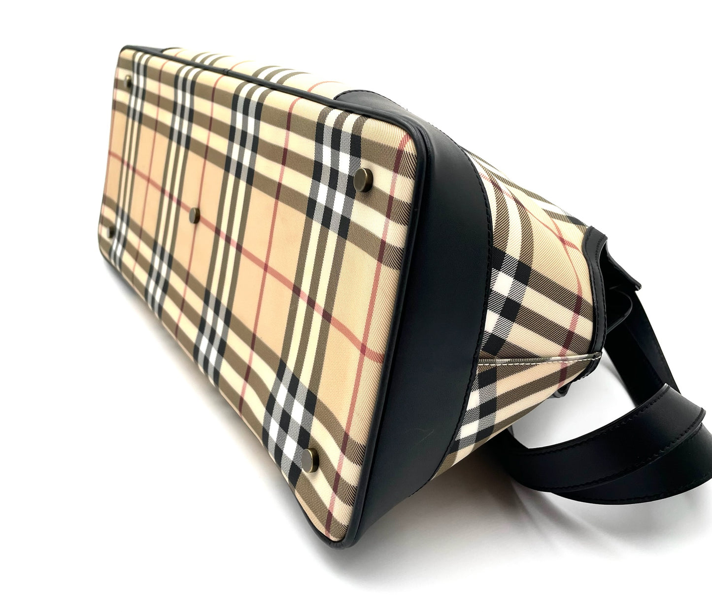 Burberry Nova Check Canvas Tote Bag with Black Leather Trim