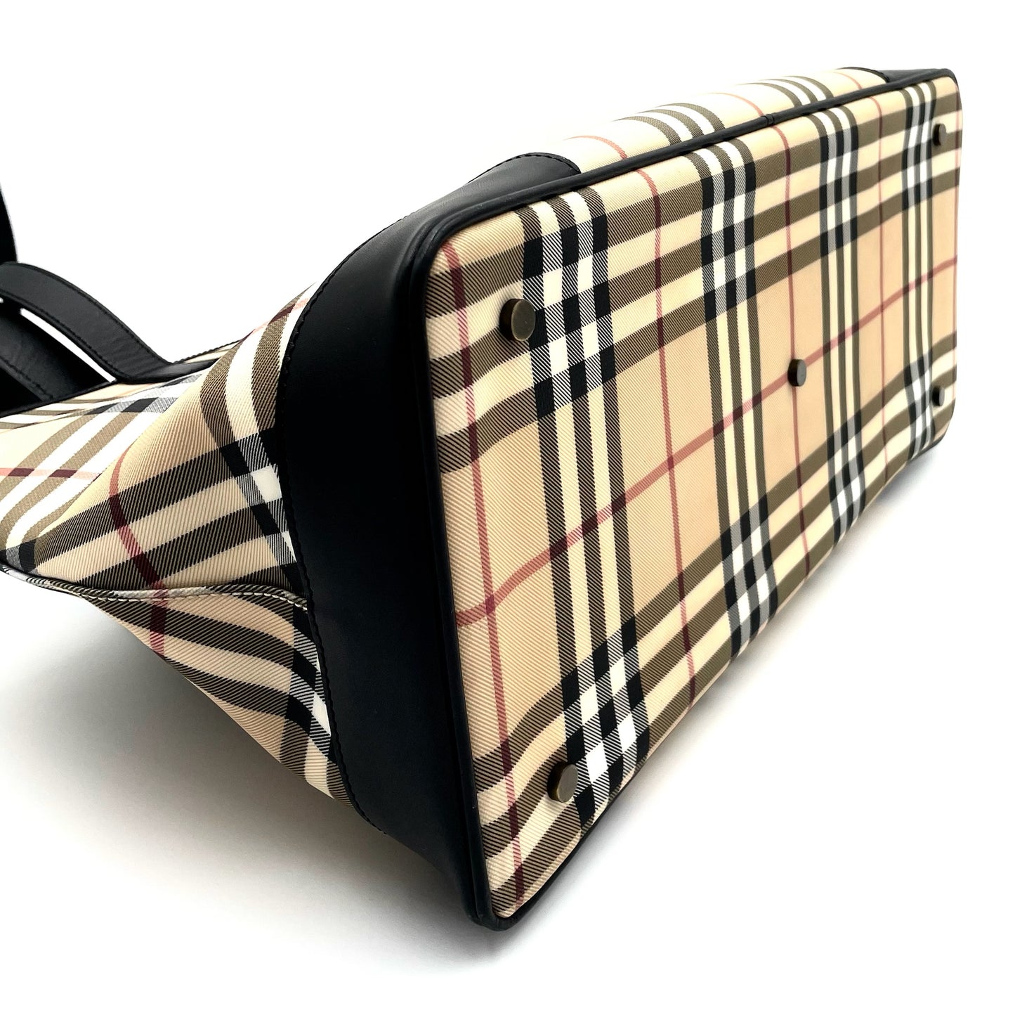 Burberry Nova Check Canvas Tote Bag with Black Leather Trim