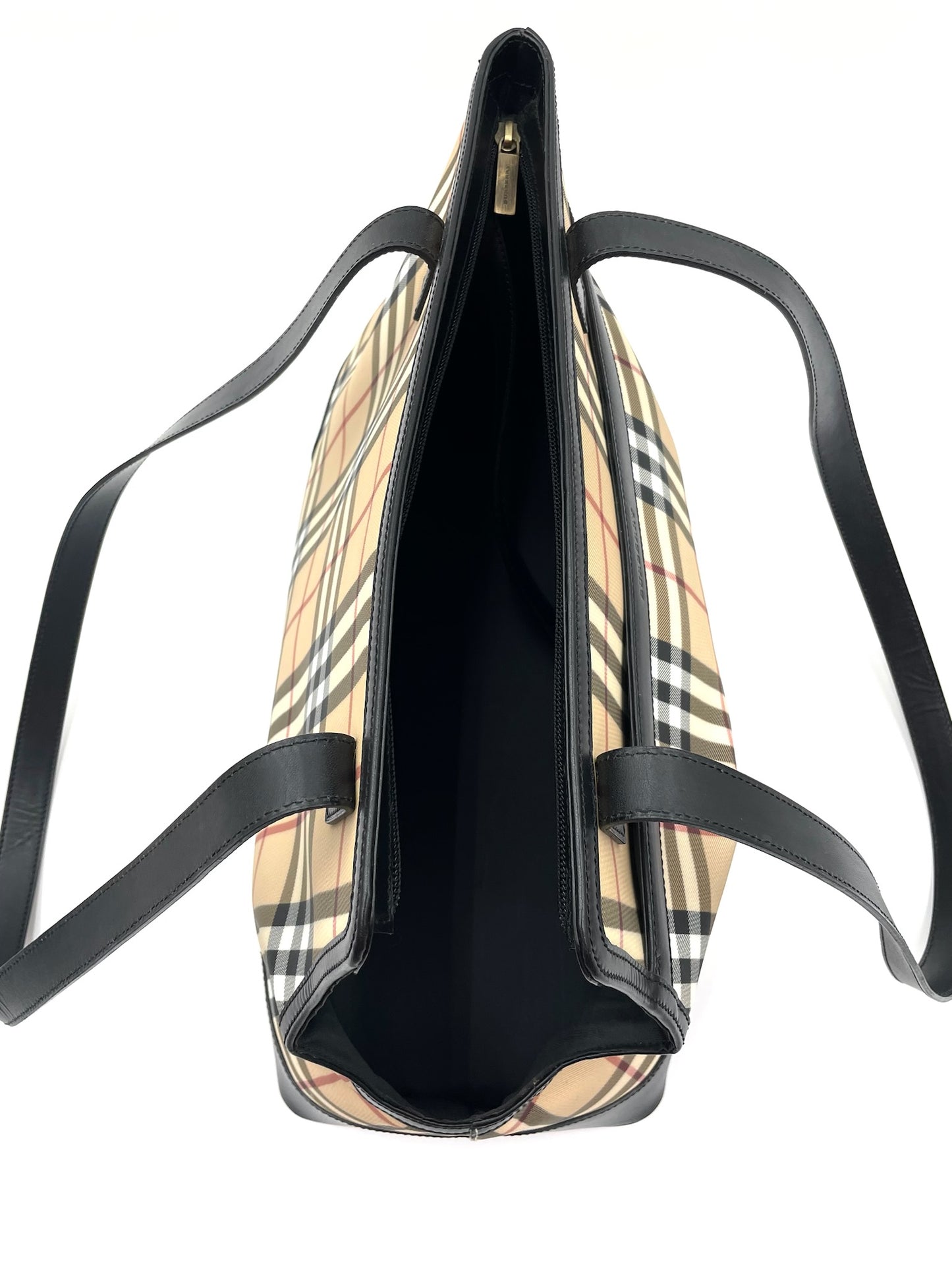 Burberry Nova Check Canvas Tote Bag with Black Leather Trim