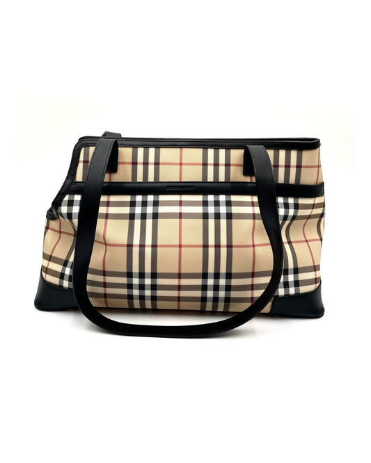 Burberry Nova Check Canvas Tote Bag with Black Leather Trim