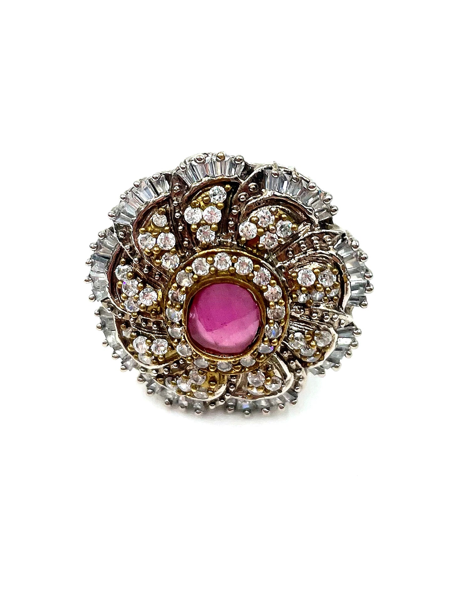 Vintage Ruby Floral Crystal Statement Ring Adjustable