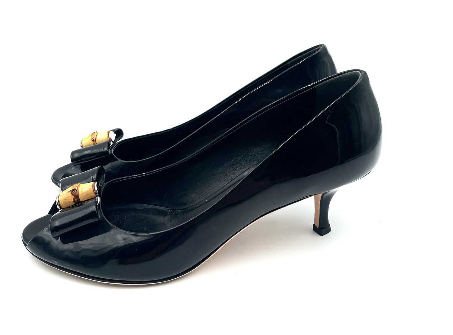 Gucci Black Patent Open Toe Kitten Heel Pump Size 38