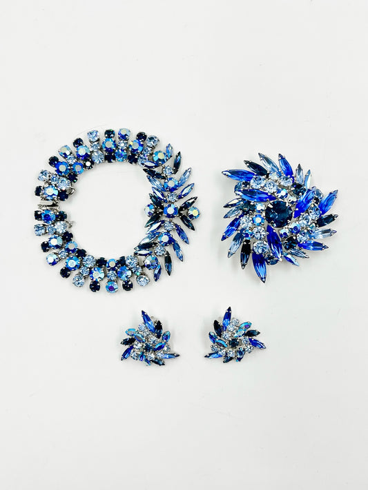 Vintage 1950s Sherman Blue Swarovski Crystal Brooch, Earring & Bracelet Set