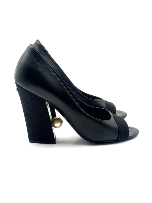Chanel Pearl Peep-Toe Black Leather Pump Size 38