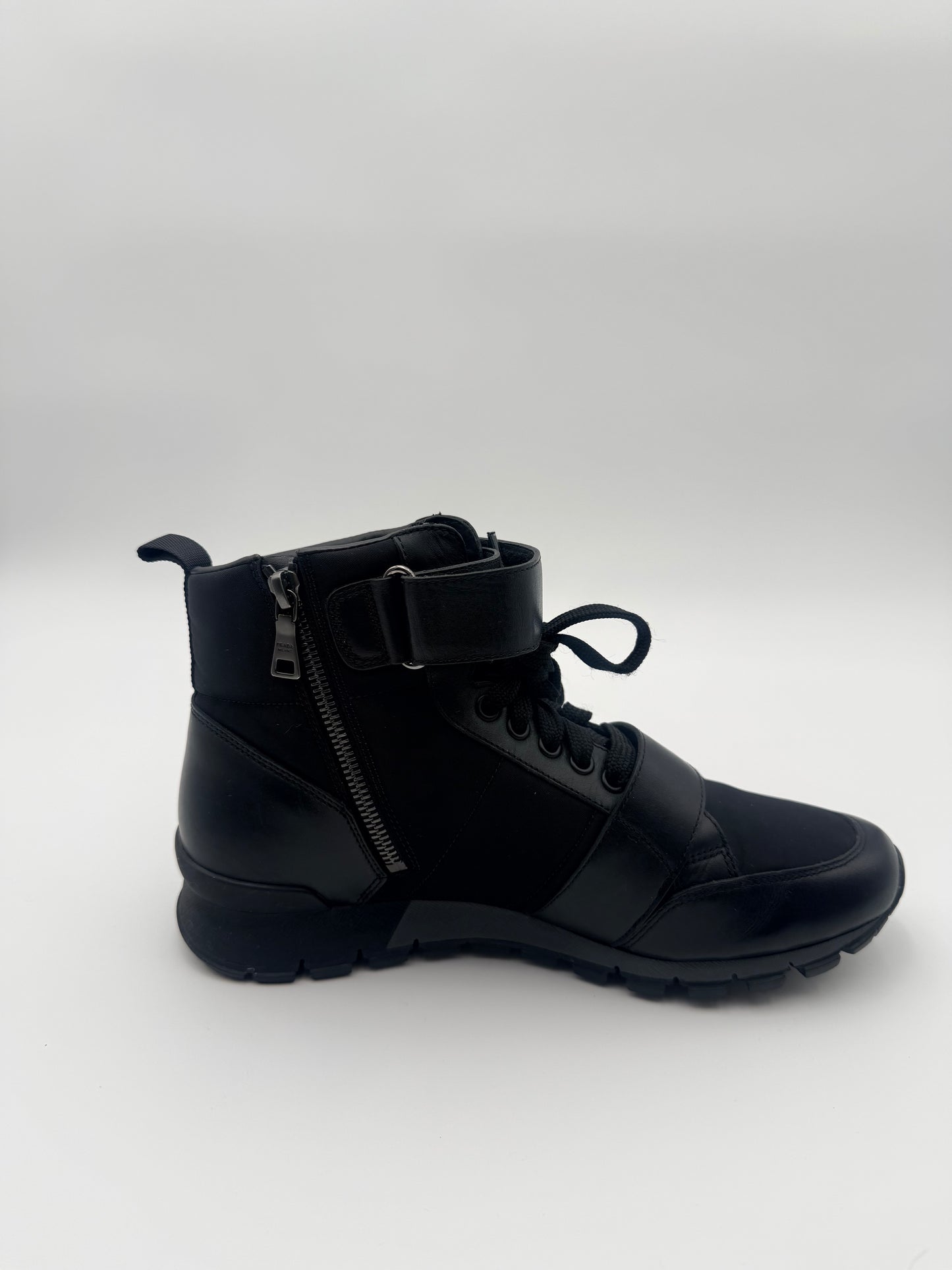 Prada Unisex Black Leather & Nylon Unisex Ankle Boots Size 6 M 8 Women