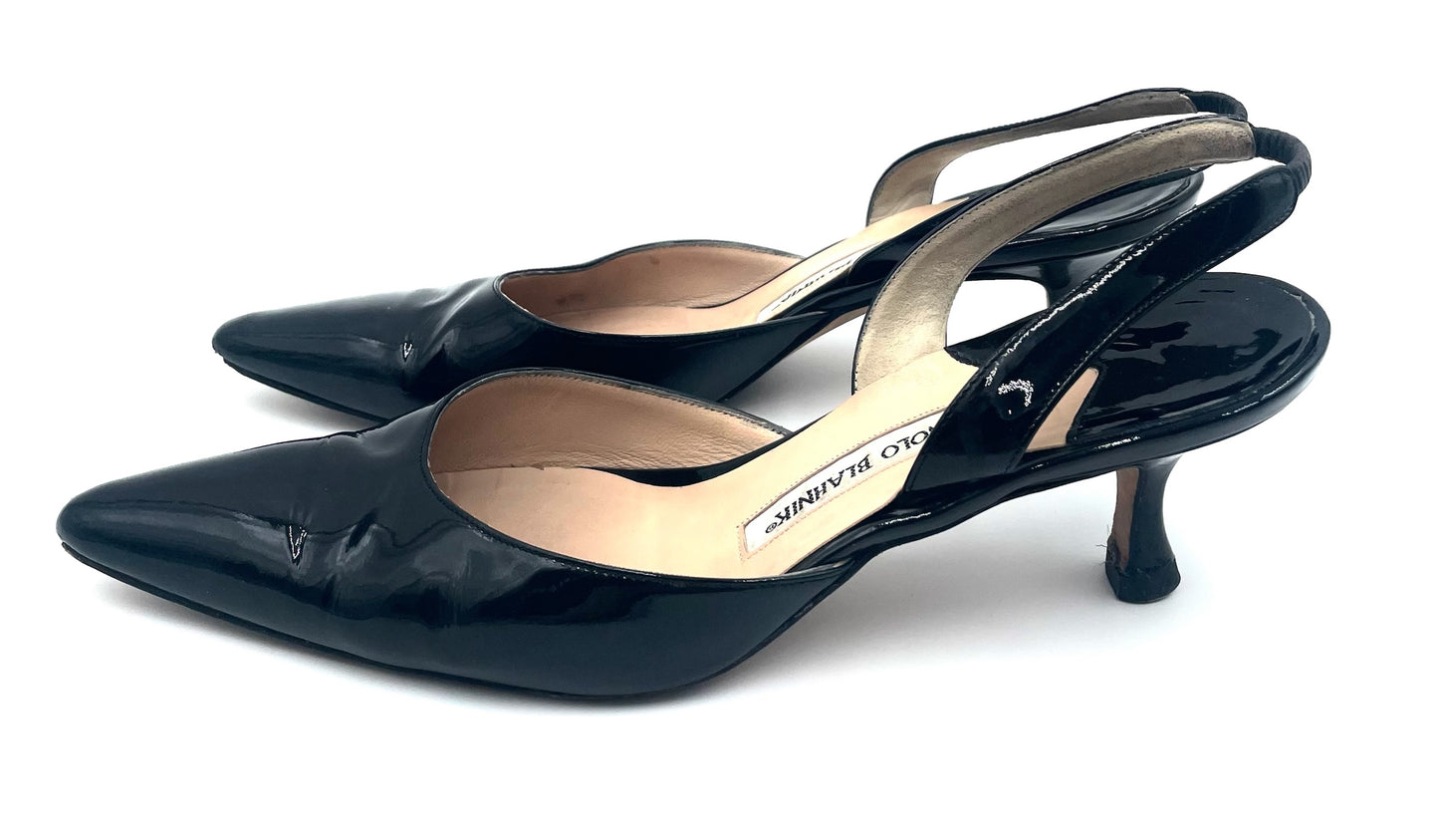 Manolo Blahnik Carolyn Black Patent Slingback Heels Size 38