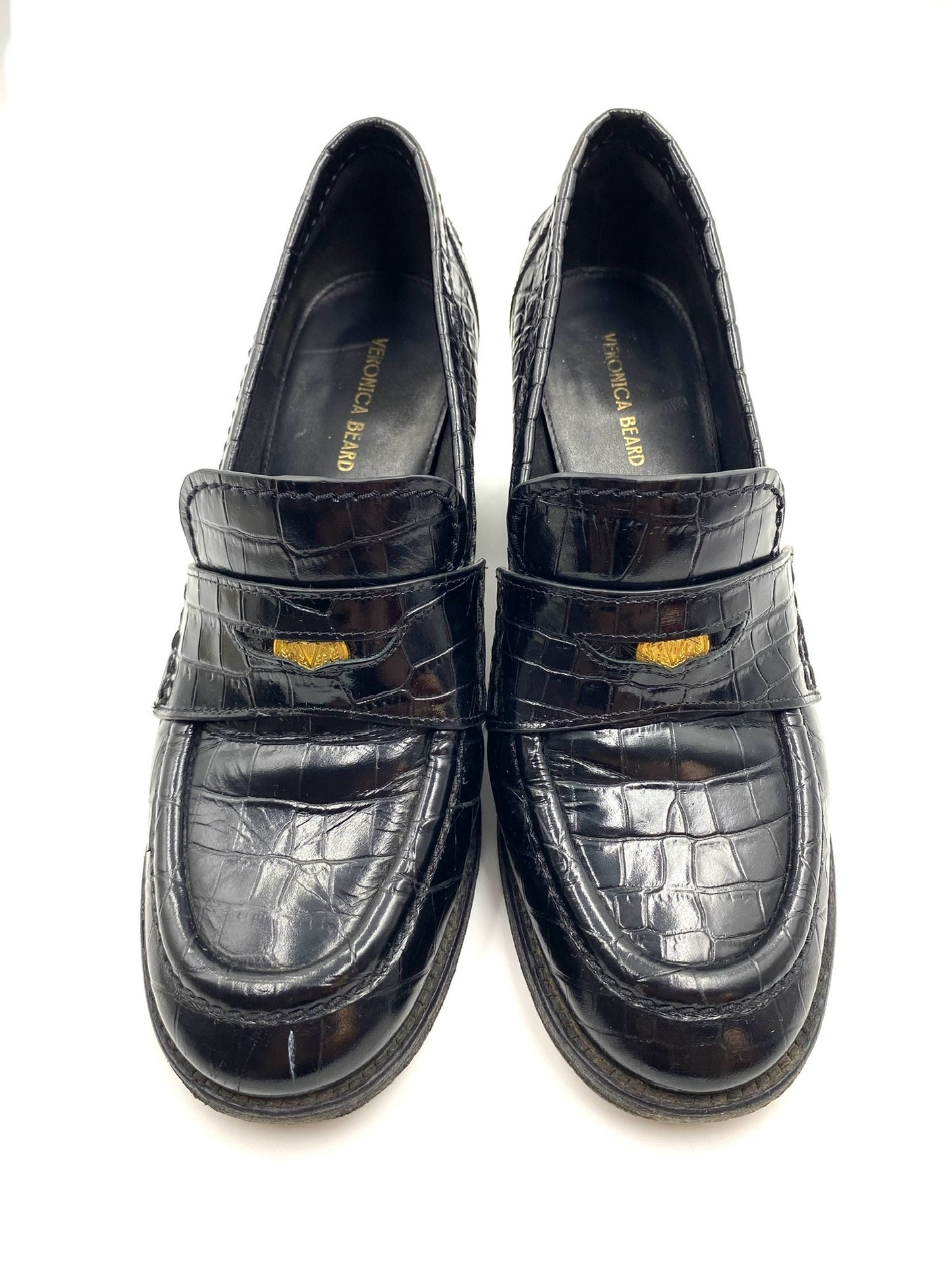 Veronica Beard Black Croc Embossed Loafers Size 8